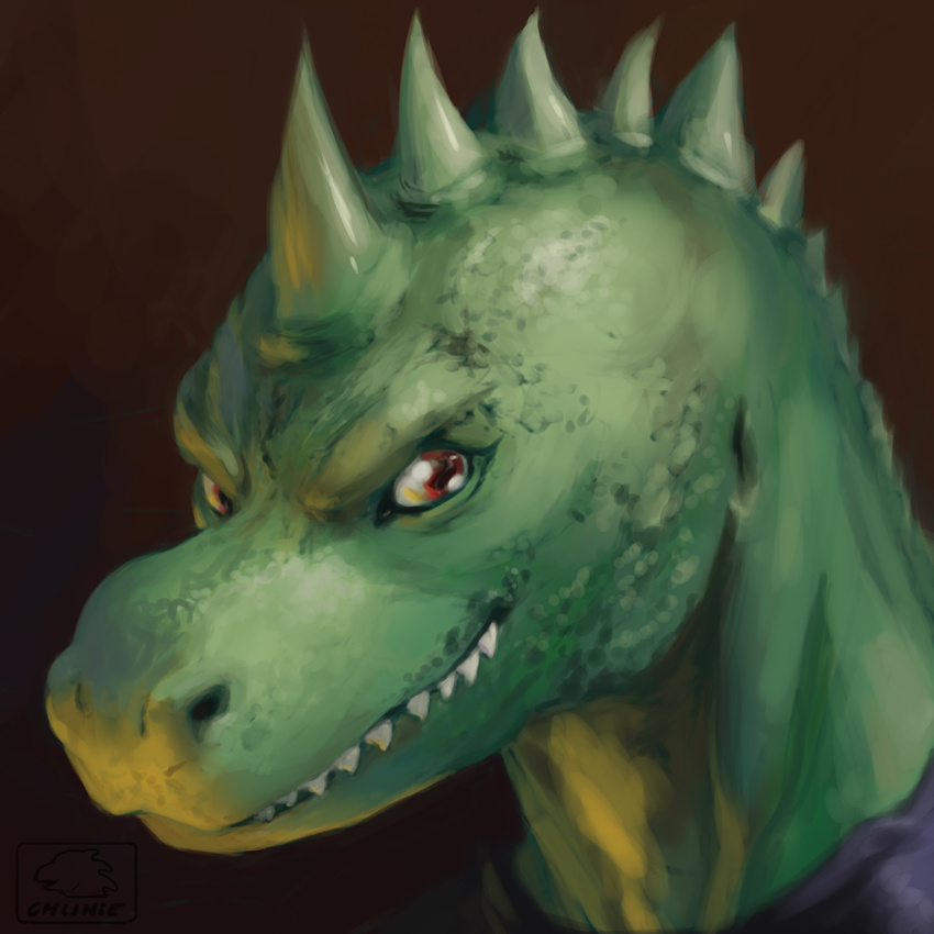 1:1 2016 adobe_photoshop_(artwork) anthro chunie chunie_(character) clothing digital_media_(artwork) digital_painting_(artwork) green_body green_scales grin headshot_portrait hi_res icon lizard looking_at_viewer male portrait red_eyes reptile scales scalie shirt simple_background smile solo teeth topwear