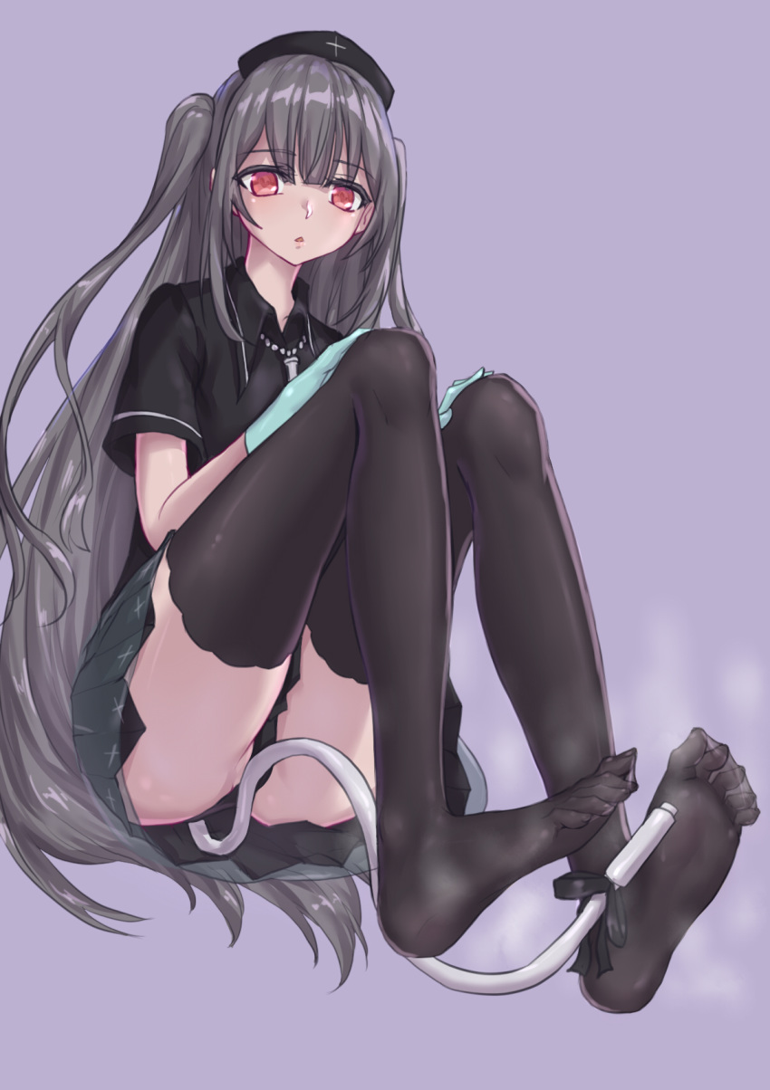 black_legwear feet female grey_hair long_hair looking_at_viewer minai_karte no_shoes nurse_cap pantyshot parted_lips red_eyes sheer_legwear soles steam toes twintails virtual_clinic