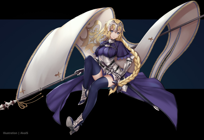 absurdres akaisu armor armored_dress blonde_hair blue_eyes blue_thighhighs blush braid breasts commentary dark_background fate/apocrypha fate/grand_order fate_(series) female full_body gauntlets hair_ornament headpiece highres jeanne_d'arc_(fate) jeanne_d'arc_(ruler)_(fate) large_breasts long_hair looking_at_viewer photoshop_(medium) purple_eyes single_braid solo standard_bearer thighhighs very_long_hair