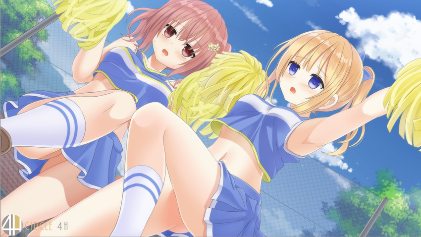 2girls amamine_alice arm_up armpits blonde_hair blue_eyes blush brown_eyes brown_hair cheerleader cloud commentary_request day embarrassed fence koori_sana midriff multiple_girls navel original outdoors pom_pom_(cheerleading) ponytail shitou_(4h) short_hair sky socks