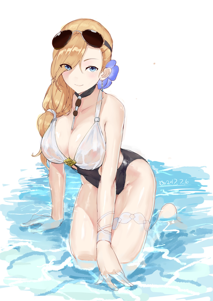 absurdres azur_lane blue_eyes breasts brown_hair casual_one-piece_swimsuit chaoxi cleavage collarbone commentary_request eyes_visible_through_hair eyewear_on_head female flower hair_flower hair_ornament hair_over_one_eye hair_over_shoulder highres hood_(azur_lane) hood_(lady_of_the_shining_sun)_(azur_lane) kneeling large_breasts long_hair looking_at_viewer official_alternate_costume one-piece_swimsuit solo sunglasses swimsuit