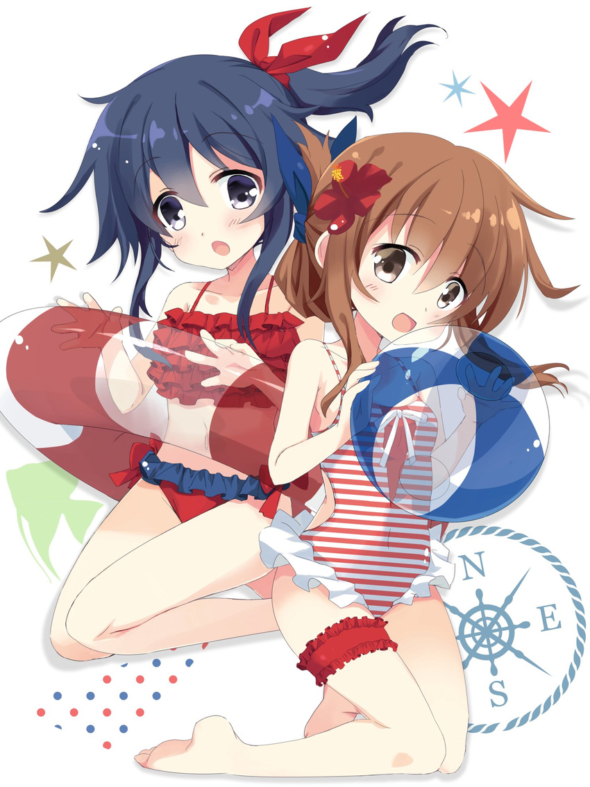 2girls :d :o akatsuki_(kancolle) alternate_hairstyle bad_id bad_twitter_id ball barefoot beachball bikini black_eyes black_hair blush bridal_garter brown_eyes brown_hair casual_one-piece_swimsuit compass_rose fish folded_ponytail frilled_bikini frills highres hizuki_yayoi inazuma_(kancolle) innertube kantai_collection kneeling long_hair multiple_girls navel one-piece_swimsuit open_mouth ponytail side_ponytail smile striped_clothes striped_one-piece_swimsuit swim_ring swimsuit transparent