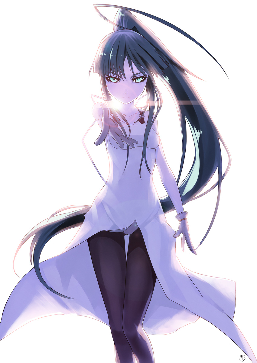 absurdres aqua_eyes black_pantyhose blue_hair commentary_request dress female gloves hell_machina highres lens_flare long_hair minato_hikaru outstretched_arm panties panties_over_pantyhose pantyhose photoshop_(medium) ponytail smile solo soukou_akki_muramasa thigh_gap underwear very_long_hair white_dress