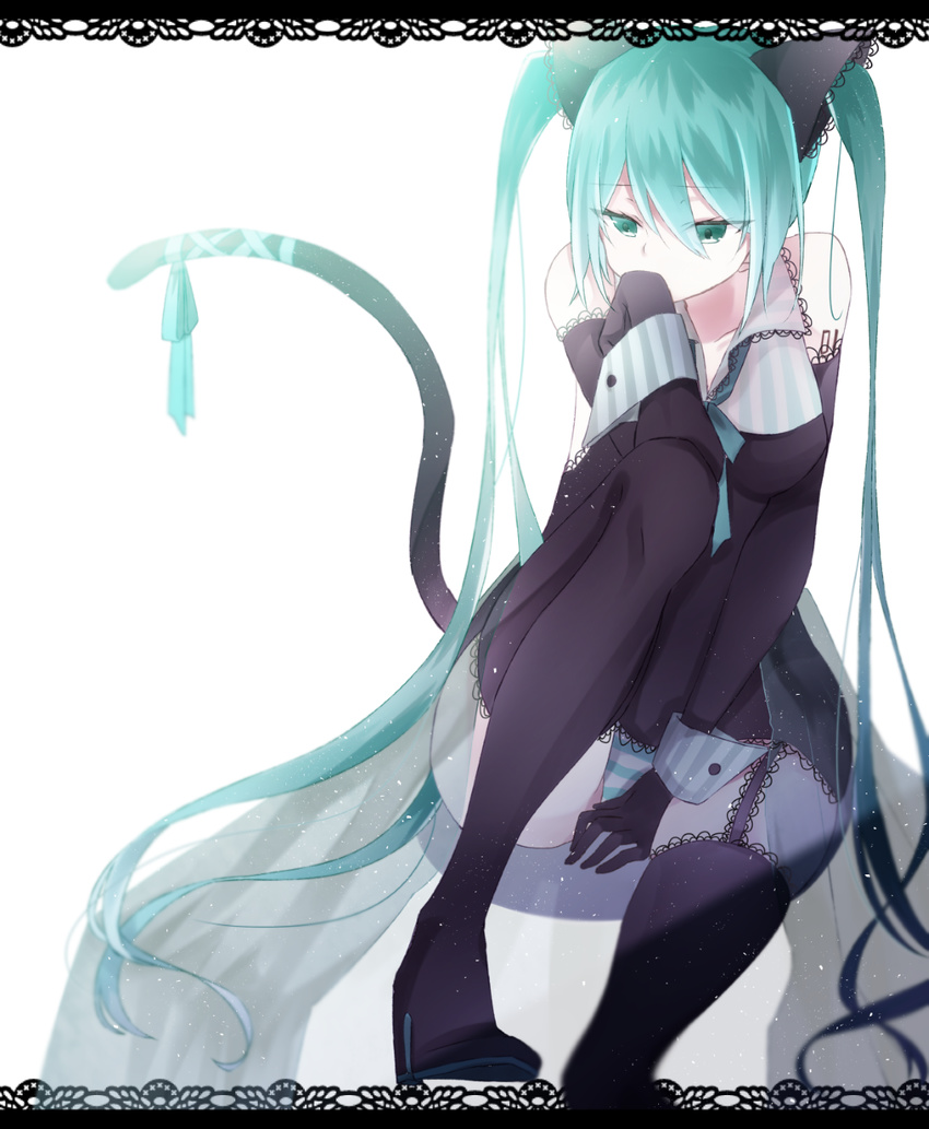 animal_ears aqua_eyes aqua_hair bad_id bad_pixiv_id black_footwear black_gloves black_thighhighs boots breasts cat_ears cat_tail detached_sleeves elbow_gloves female garter_straps gloves hatsune_miku high_heel_boots high_heels highres long_hair medium_breasts panties ribbon risky_game_(vocaloid) sleeveless solo soroco striped_clothes striped_panties tail tail_ornament tail_ribbon thigh_boots thighhighs twintails underwear very_long_hair vocaloid wrist_cuffs