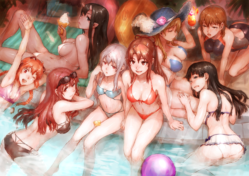 6+girls :d all_fours animal_ears arm_support arm_up ass barefoot bikini bikini_skirt bikini_top_only black_bikini black_hair blonde_hair blue_bikini blue_hat braid breasts brown_eyes brown_hair closed_eyes collarbone commentary_request competition_swimsuit covered_nipples dark-skinned_female dark_skin earrings eyewear_on_head food hair_ribbon hand_in_own_hair hat highres horns ice_cream innertube jewelry large_breasts long_hair looking_at_viewer lying medium_breasts multiple_girls navel on_back one-piece_swimsuit open_mouth orange_hair original pink_bikini pointy_ears ponytail red_bikini red_eyes red_ribbon ribbon sasagawa_(haikaiki) see-through shiny_skin short_hair sideboob silver_hair sitting skin-covered_horns small_breasts smile soaking_feet sun_hat sunglasses swim_ring swimsuit twin_braids wet white_bikini