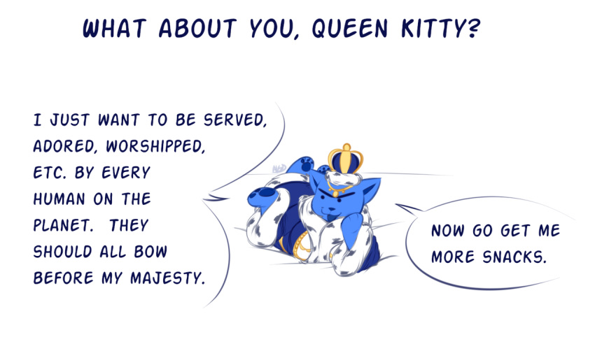 2018 anthro averyshadydolphin better_version_at_source blue_body blue_fur clothing domestic_cat felid feline felis female fur kitty_(averyshadydolphin) lying mammal on_front open_mouth queen royalty simple_background solo speech_bubble text white_background