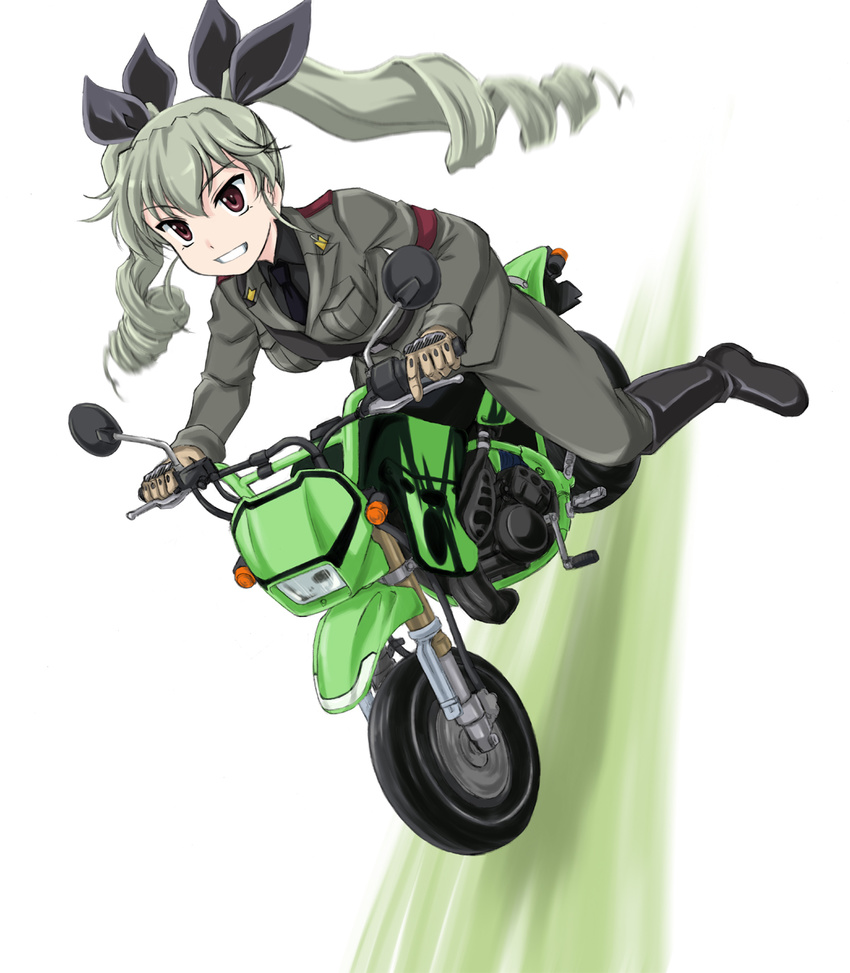 anchovy_(girls_und_panzer) anzio_military_uniform belt black_footwear black_shirt boots commentary_request dress_shirt drill_hair female full_body girls_und_panzer gloves grey_jacket grey_pants grin hair_ribbon highres honda_crm80 jacket knee_boots long_hair long_sleeves looking_at_viewer military military_uniform motor_vehicle motorcycle necktie on_motorcycle pants pants_tucked_in photoshop_(medium) ribbon riding sam_browne_belt shirt simple_background smile solo twin_drills twintails uniform wan'yan_aguda white_background