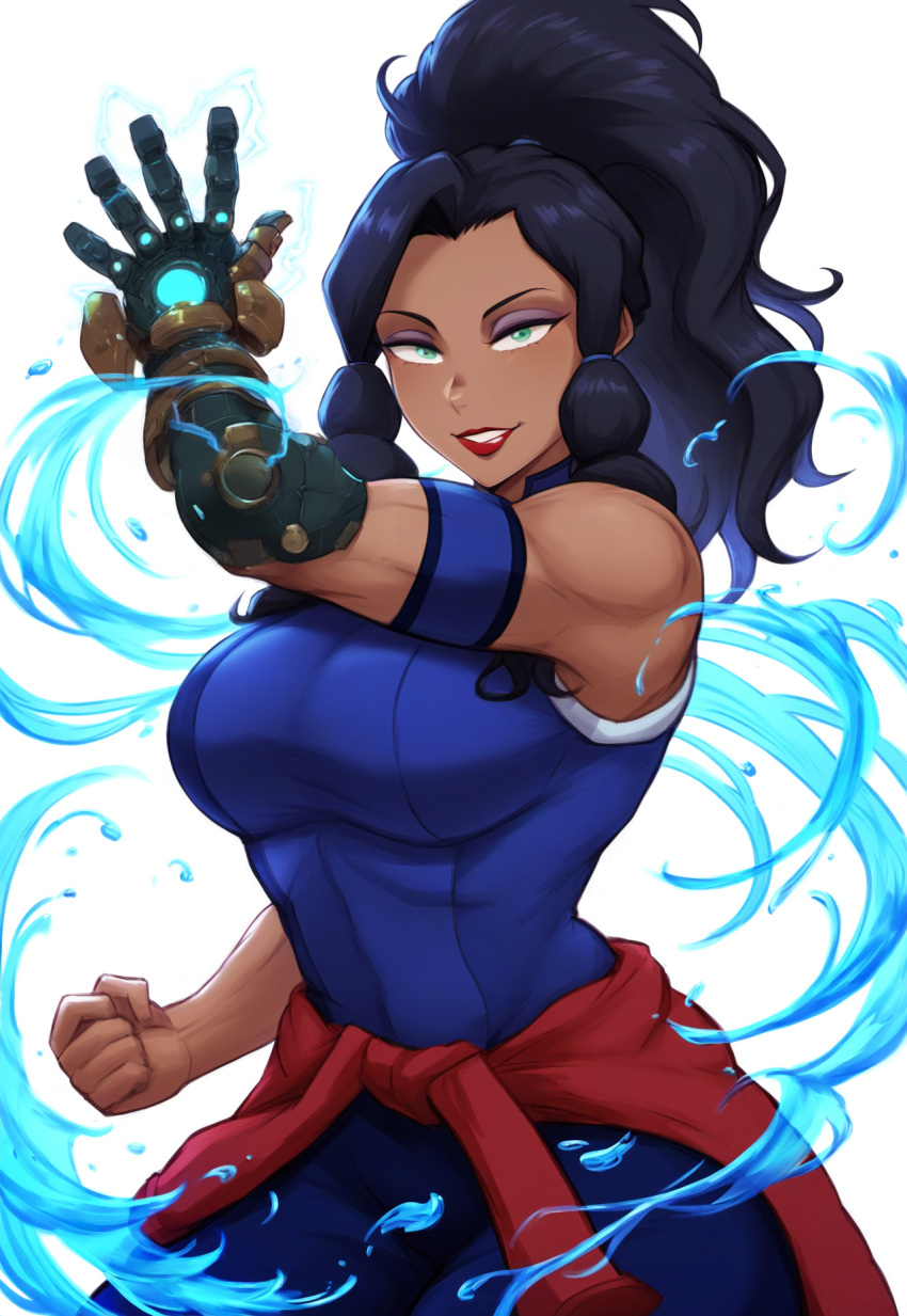 1girls ai_generated armband asami_sato avatar_legends avatar_the_last_airbender baggy_pants big_breasts clenched_hand confident cowboy_shot dark-skinned_female dark_skin female female_only fully_clothed fusion fusion_character gauntlet green_eyes hair_tubes korra krystalizedart large_breasts long_hair looking_at_viewer muscular_female red_lipstick shirt_tied_around_waist sleeveless smile solo solo_female solo_focus tan_body tank_top teeth the_legend_of_korra thick_lips thin_waist waterbending wavy_hair white_background