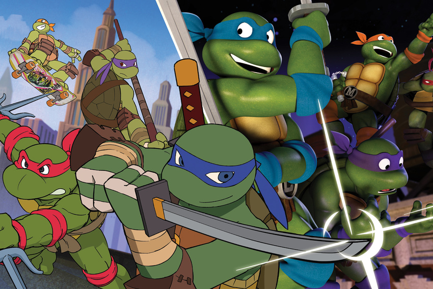 3:2 3_fingers 3d_(artwork) 80's_theme anthro blue_eyes blue_sky bo_staff brother_(lore) brothers_(lore) city day digital_media_(artwork) donatello_(tmnt) dual_wielding elbow_pads fingers frown green_body green_skin group holding_melee_weapon holding_object holding_sword holding_weapon knee_pads leonardo_(tmnt) mask melee_weapon michelangelo_(tmnt) mostly_nude nickelodeon night nunchaku official_art open_mouth open_smile outside raphael_(tmnt) reptile sai_(weapon) sash scalie shell sibling_(lore) skateboard skateboarding sky smile staff star starry_sky sword teenage_mutant_ninja_turtles teenage_mutant_ninja_turtles_(1987) teenage_mutant_ninja_turtles_(2012) turtle vehicle weapon wristband