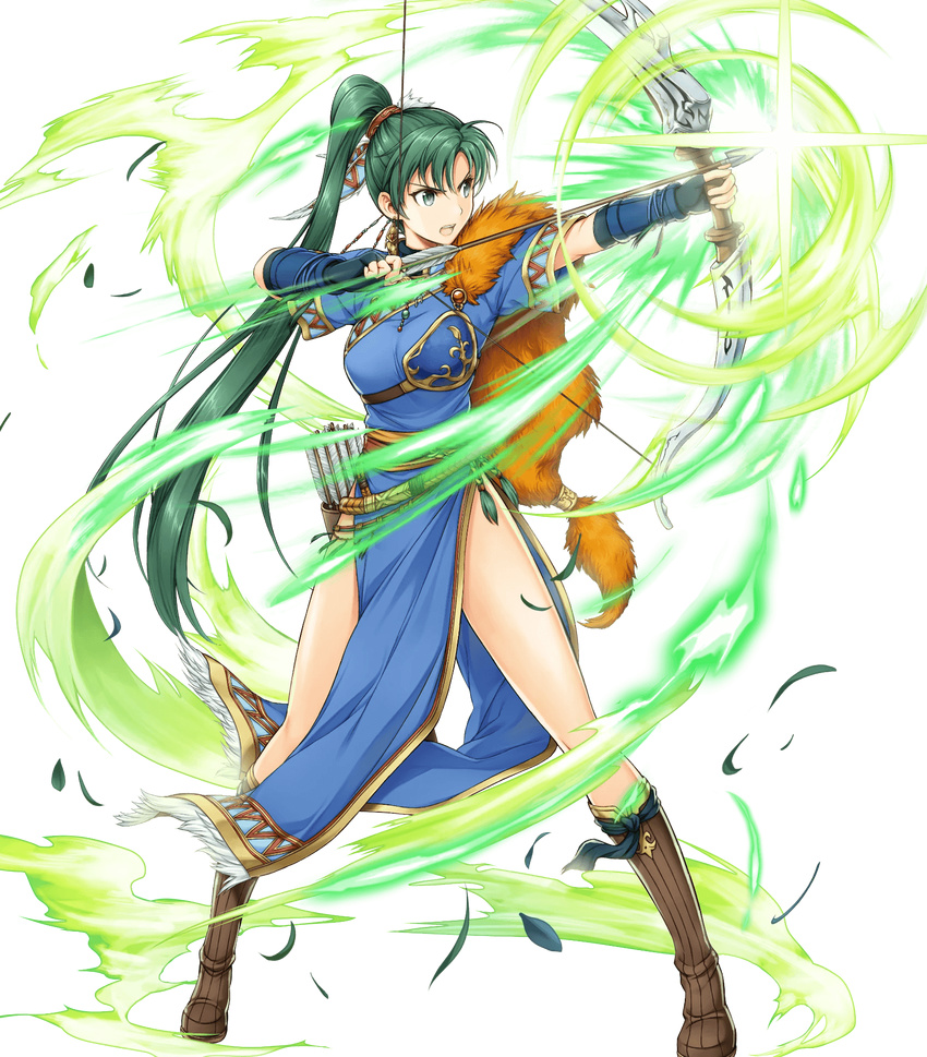 aiming armor arrow_(projectile) boots bow_(weapon) cape commentary_request drawing_bow dress earrings elbow_gloves feathers female fingerless_gloves fire_emblem fire_emblem:_the_blazing_blade fire_emblem_heroes full_body fur_cape gloves green_eyes green_hair hair_ornament highres holding holding_arrow holding_bow_(weapon) holding_weapon jewelry knee_boots legs_apart long_hair lyn_(brave_lady)_(fire_emblem) lyn_(fire_emblem) official_art open_mouth outstretched_arm ponytail quiver short_sleeves side_slit solo standing transparent_background weapon yamada_koutarou