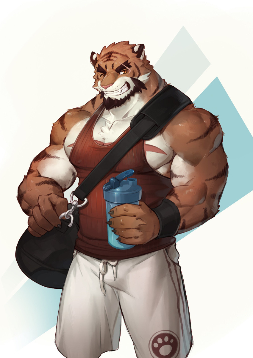 1boy absurdres bara bare_arms beard bulge chest_hair eyebrow_cut facial_hair feet_out_of_frame forked_eyebrows gym_shorts gym_uniform highres large_pectorals male_focus mature_male muscular muscular_male one_eye_closed orange_fur original paw_print pectoral_cleavage pectorals red_tank_top selkiro sharp_teeth shorts sidepec solo tank_top teeth thick_eyebrows thick_thighs thighs tiger_boy white_shorts