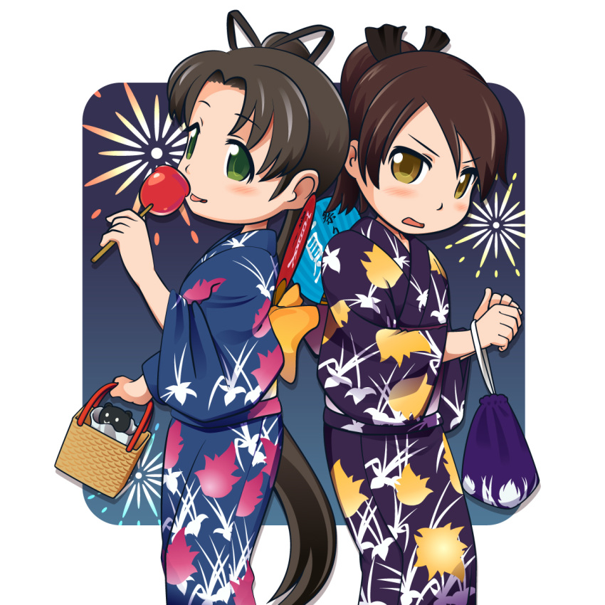 2girls aka-kabuto_no_gema ayanami_(kancolle) back-to-back bag basket blue_kimono brown_eyes brown_hair candy_apple commentary_request cowboy_shot floral_print food green_eyes hand_fan highres japanese_clothes kantai_collection kimono licking long_hair looking_at_viewer multiple_girls night night_sky ponytail purple_kimono satchel shikinami_(kancolle) short_hair short_ponytail side_ponytail sky yukata