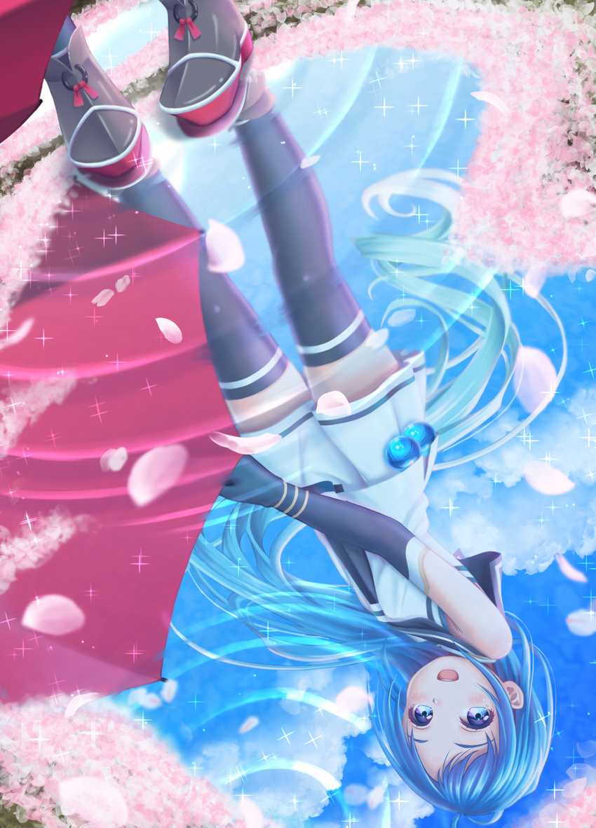 :d black_gloves black_neckerchief black_thighhighs blue_eyes blue_hair blush cherry_blossoms cloud cloudy_sky commentary_request day diffraction_spikes elbow_gloves female gloves gradient_hair hane_yoshiyumi highres holding holding_umbrella kantai_collection long_hair looking_at_viewer multicolored_hair neckerchief open_mouth outdoors red_umbrella reflection ripples round_teeth samidare_(kancolle) school_uniform serafuku shirt skirt sky sleeveless sleeveless_shirt smile solo sparkle swept_bangs teeth thighhighs umbrella very_long_hair water zettai_ryouiki