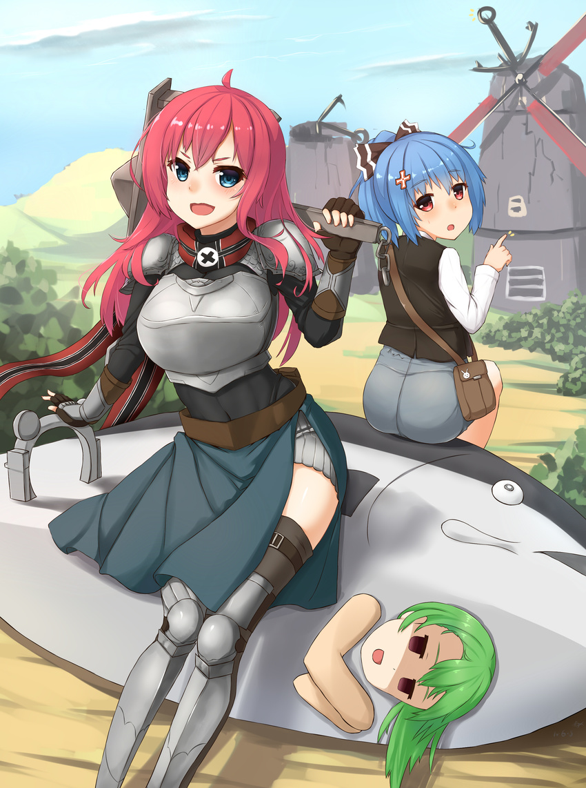 3girls absurdres admiral_hipper_(warship_girls_r) armor bag black_bow blucher_(warship_girls_r) blue_eyes blue_hair blush bow breasts commentary_request green_hair hairbow handbag highres large_breasts long_hair looking_at_viewer medium_hair multiple_girls open_mouth parted_lips pink_hair pointing ponytail prinz_eugen_(warship_girls_r) red_eyes short_hair short_ponytail shou_jian_yu sitting smile warship_girls_r