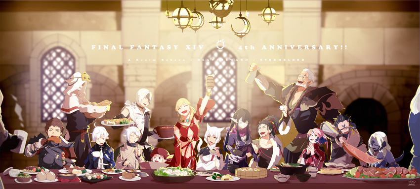 6+boys 6+girls adventurer_(ff14) alcohol alisaie_leveilleur alphinaud_leveilleur animal_ears annotated au_ra beard black_hair black_horns black_scales black_sclera black_skin black_tail breasts brown_hair cat_ears cat_tail cirina_mol cleavage cleavage_cutout closed_eyes clothing_cutout colored_sclera colored_skin commentary_request dragon_girl dragon_horns dragon_tail eating elezen elf everyone facial_hair facial_mark feast final_fantasy final_fantasy_xiv food gosetsu_daito green_eyes grey_eyes hat hien_rijin highres hood horns hyur lalafell lili_mdoki long_hair looking_at_another lyse_hext magnai_oronir midriff miqo'te multiple_boys multiple_girls ninja_(final_fantasy) nutkin pink_hair pointy_ears sadu_dotharl samurai_(final_fantasy) scales short_hair short_ponytail slit_pupils tail tataru_taru tattoo thancred_waters urianger_augurelt warrior_of_light_(ff14) white_hair white_horns white_scales y'shtola_rhul yugiri_mistwalker