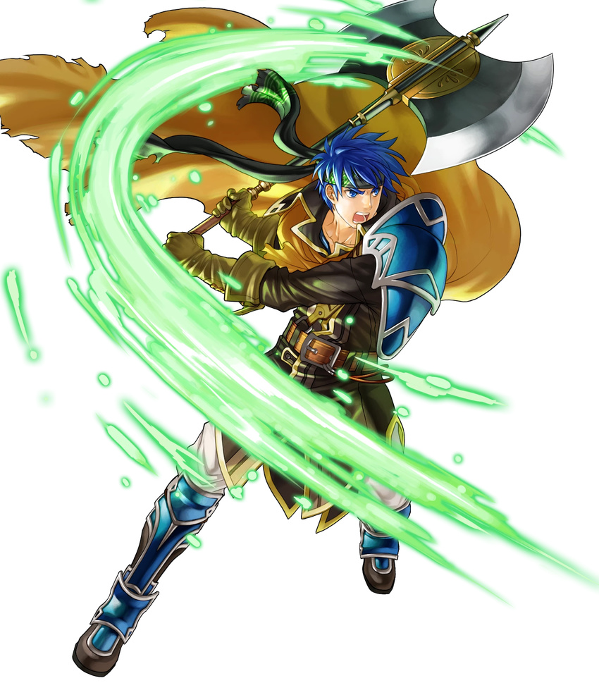 1boy armor armored_boots axe battle_axe belt blue_eyes blue_hair boots cape collarbone commentary_request cosplay elbow_gloves fire_emblem fire_emblem:_path_of_radiance fire_emblem_heroes full_body gloves greil greil_(cosplay) headband highres holding holding_weapon ike_(brave_mercenary)_(fire_emblem) ike_(fire_emblem) kita_senri looking_away male_focus official_art open_mouth serious shoulder_armor solo transparent_background weapon