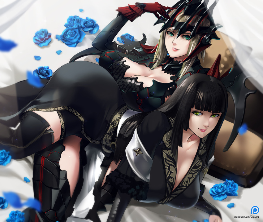 2girls all_fours amano_cigusa aranea_highwind armor bed black_hair blanket blue_flower blue_rose breasts bridal_gauntlets cleavage curtains final_fantasy final_fantasy_xv flower gentiana green_eyes grey_hair helmet large_breasts long_hair looking_at_viewer multiple_girls parted_lips petals photoshop_(medium) pillow rose shawl smile spread_legs yellow_eyes yuri