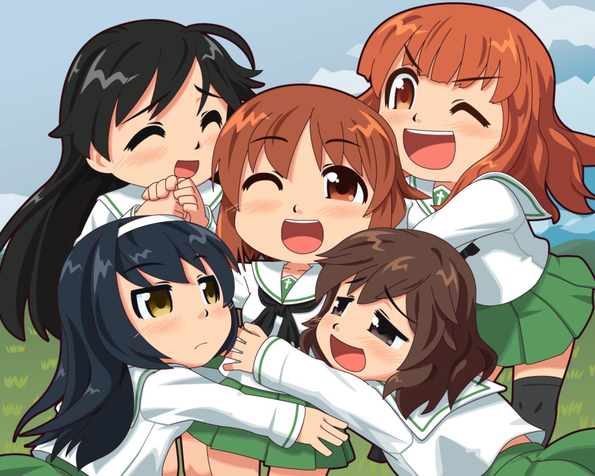 5girls ahoge aka-kabuto_no_gema akiyama_yukari black_hair black_neckerchief black_thighhighs blouse blunt_bangs brown_eyes brown_hair chibi closed_eyes commentary_request cowboy_shot feet_out_of_frame girls_und_panzer green_skirt hairband hug isuzu_hana long_hair long_sleeves miniskirt multiple_girls neckerchief nishizumi_miho ooarai_school_uniform open_mouth orange_hair pleated_skirt reizei_mako school_uniform serafuku shirt short_hair skirt smile takebe_saori thighhighs white_hairband white_shirt