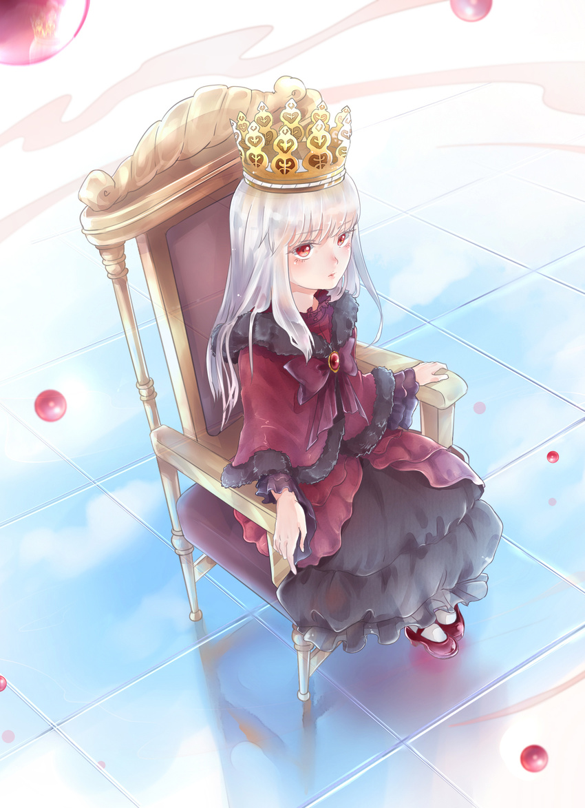 bluebluecathy commentary_request crown dress female highres k-project kushina_anna photoshop_(medium) red_eyes sitting solo throne tile_floor tiles white_hair white_legwear