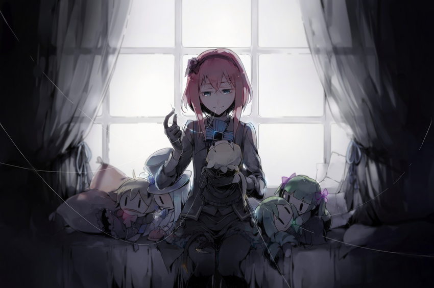 blue_eyes bow doll gloves headdress pink_hair short_hair shuzi unlight veronica_(unlight)