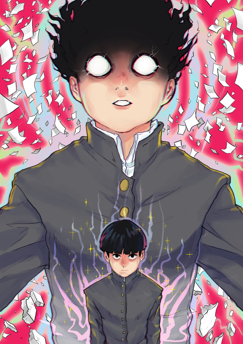 1boy absurdres aura black_hair bowl_cut chromatic_aberration commentary_request debris empty_eyes gakuran highres kageyama_shigeo kageyama_shigeo_(???) male_focus mob_psycho_100 paper saaiiro school_uniform solo sparkle