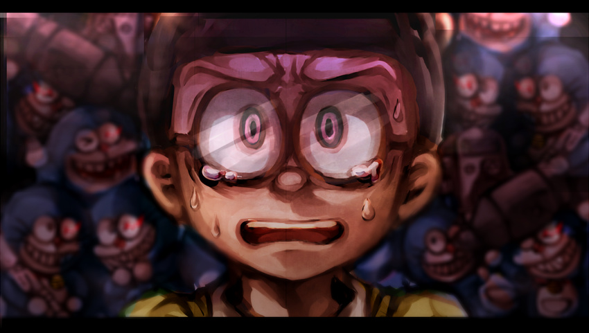 1boy bad_id bad_twitter_id black_hair blurry commentary_request danganronpa_(series) depth_of_field doraemon doraemon_(character) doraraemon glasses komatsuzaki_rui_(style) letterboxed male_focus multiple_persona nobi_nobita ooyama_nobuyo parody pink_eyes scared style_parody sweat tears upper_body voice_actor_connection