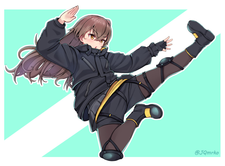 :o boots brown_eyes brown_hair brown_pantyhose commentary female fingerless_gloves flying_kick full_body girls'_frontline gloves green_background highres jacket kicking knee_pads long_hair long_sleeves looking_away manme official_alternate_costume pantyhose pantyhose_under_shorts pleated_skirt shell_jacket shorts single_glove skirt solo twitter_username two-tone_background ump45_(girls'_frontline) ump45_(winter_journey)_(girls'_frontline) v-shaped_eyebrows white_background