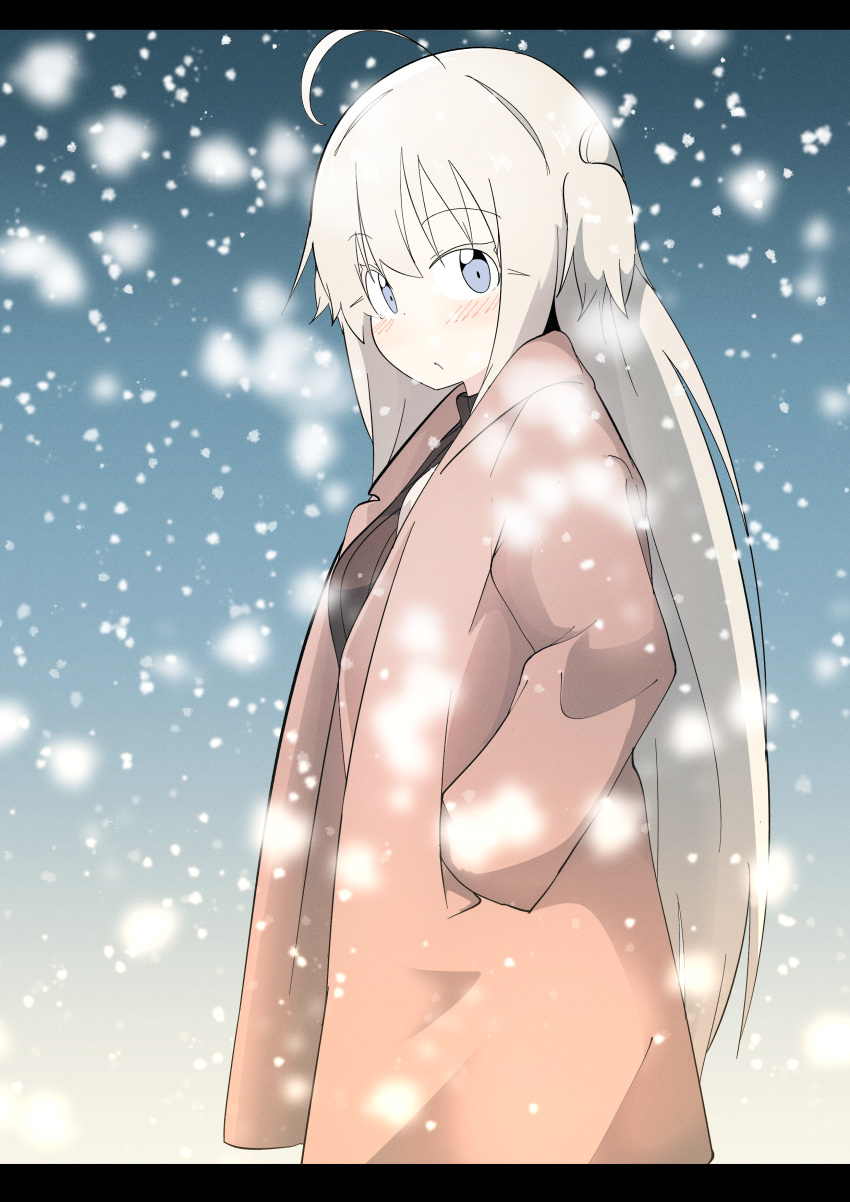 absurdres ahoge black_sweater blonde_hair blue_eyes blush breasts bural_chingu coat commentary_request female highres letterboxed long_hair looking_at_viewer park_noah ribbed_sweater snow solo sweater turtleneck turtleneck_sweater two_side_up wweed