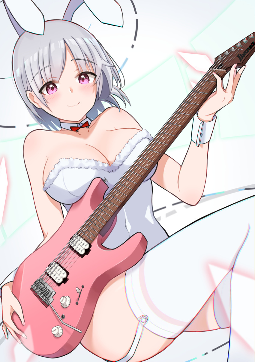 animal_ears bare_shoulders blush breasts cleavage closed_mouth commentary_request fake_animal_ears female fingernails fur-trimmed_leotard fur_trim garter_straps grey_hair guitar highres holding holding_instrument ibanez instant_(ioarthus) instrument large_breasts leotard looking_at_viewer nail_polish original pink_nails playboy_bunny purple_eyes rabbit_ears smile solo strapless strapless_leotard thighhighs thighs white_leotard white_thighhighs wrist_cuffs