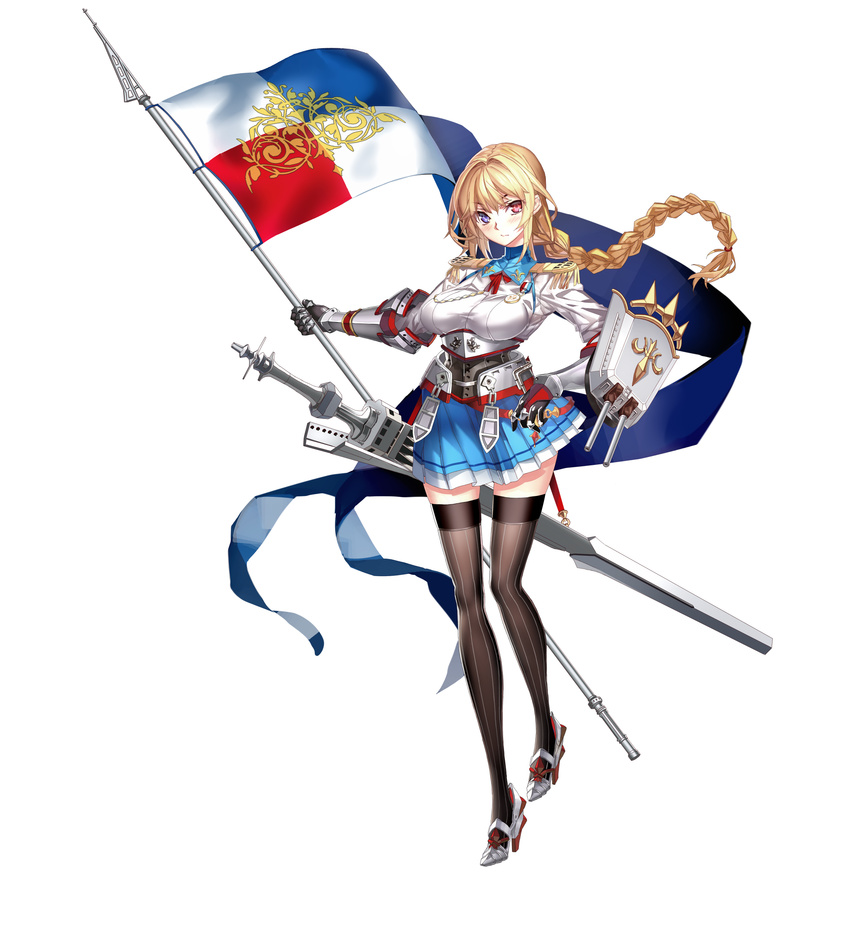 aiguillette armor banner belt blonde_hair blue_eyes blue_skirt blush braid breasts brown_thighhighs cannon closed_mouth commentary_request epaulettes female flag fleur-de-lis full_body gauntlets hair_between_eyes hand_on_own_hip heterochromia high_heels highres holding jeanne_d'arc_(warship_girls_r) large_breasts long_hair long_sleeves looking_at_viewer machinery medal military military_uniform miyazakisoul official_art photoshop_(medium) pleated_skirt red_eyes red_ribbon ribbon rigging scabbard sheath shield shirt skirt solo standing striped_clothes striped_thighhighs sword thighhighs thighs turret uniform vertical-striped_clothes vertical-striped_thighhighs warship_girls_r weapon white_background white_shirt zettai_ryouiki