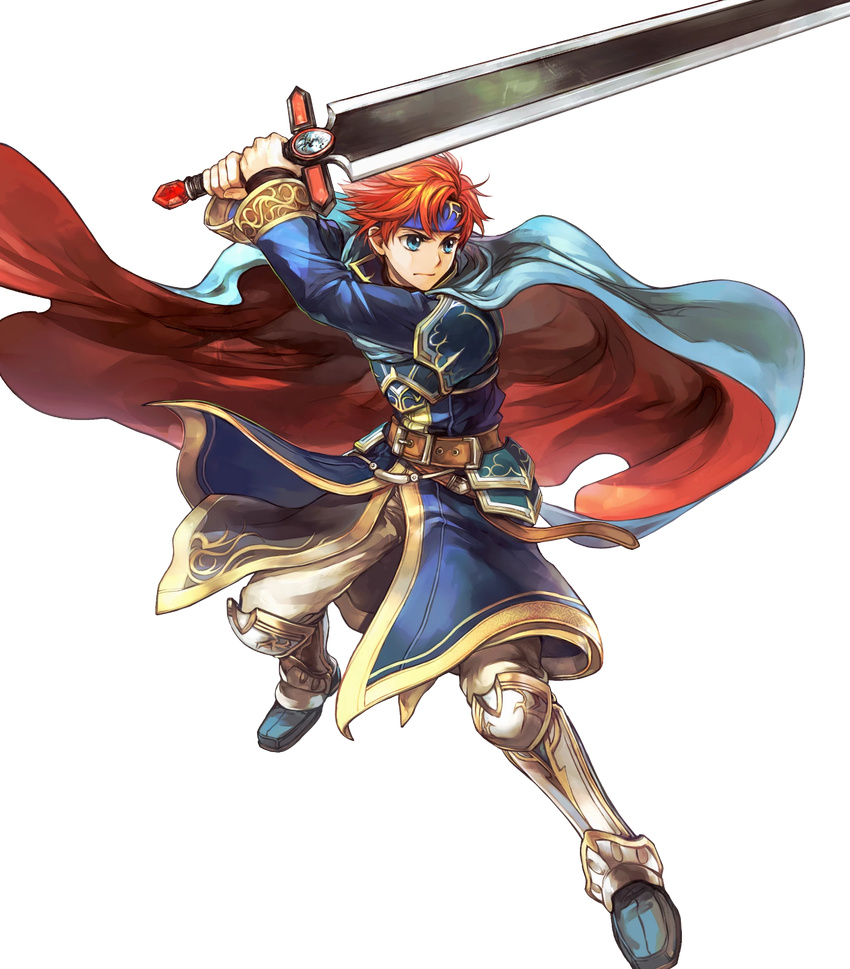 1boy armor belt blue_eyes cape commentary_request cosplay detached_sleeves durandal_(fire_emblem) eliwood_(fire_emblem) eliwood_(fire_emblem)_(cosplay) fire_emblem fire_emblem:_the_binding_blade fire_emblem_heroes full_body headband highres holding holding_weapon long_sleeves looking_away male_focus official_art pants red_hair roy_(brave_lion)_(fire_emblem) roy_(fire_emblem) solo sword transparent_background wada_sachiko weapon