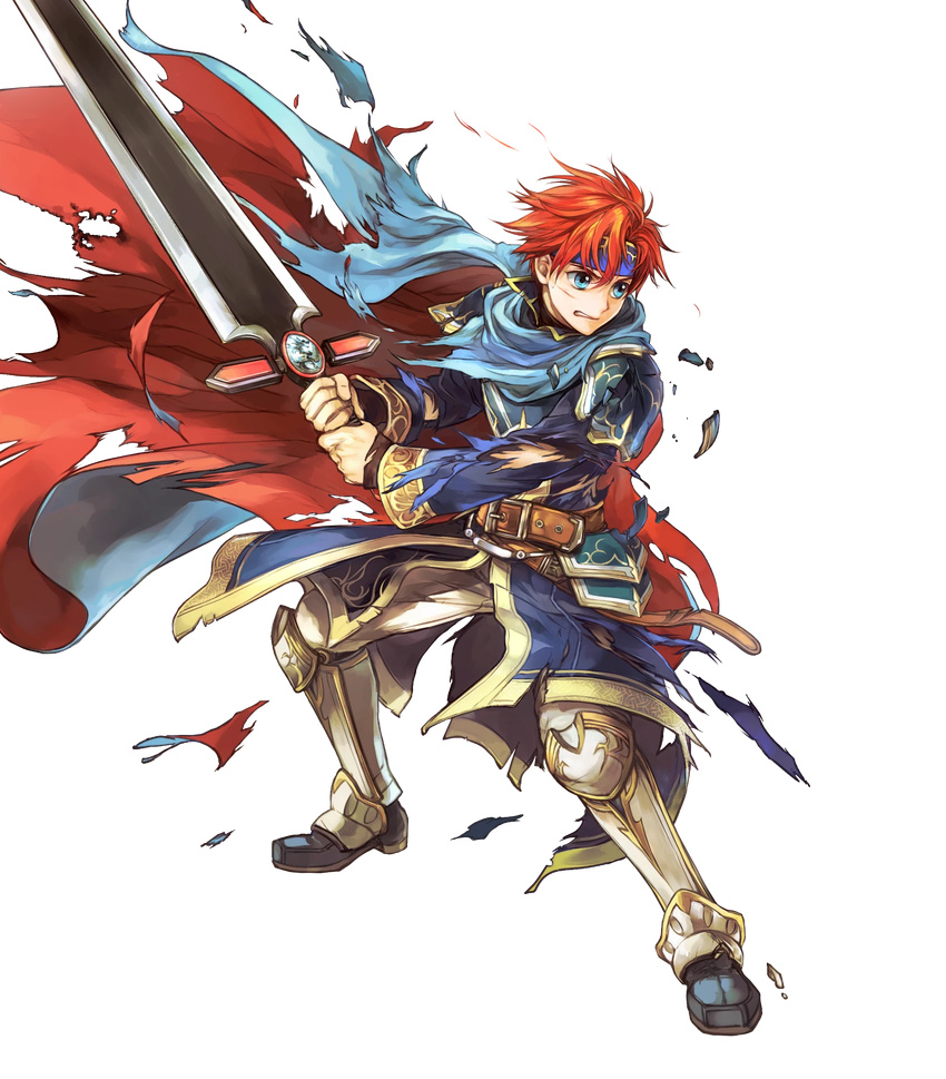 1boy armor belt blue_armor blue_eyes broken_armor cape commentary_request cosplay detached_sleeves durandal_(fire_emblem) eliwood_(fire_emblem) eliwood_(fire_emblem)_(cosplay) fire_emblem fire_emblem:_the_binding_blade fire_emblem_heroes full_body headband highres holding holding_weapon long_sleeves looking_away male_focus official_art pants red_hair roy_(brave_lion)_(fire_emblem) roy_(fire_emblem) scar solo sword torn_clothes transparent_background wada_sachiko weapon