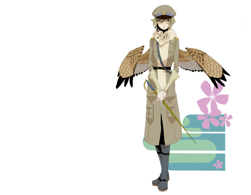 1ji45fun boots flowers short_hair sword weapon wings yellow_eyes