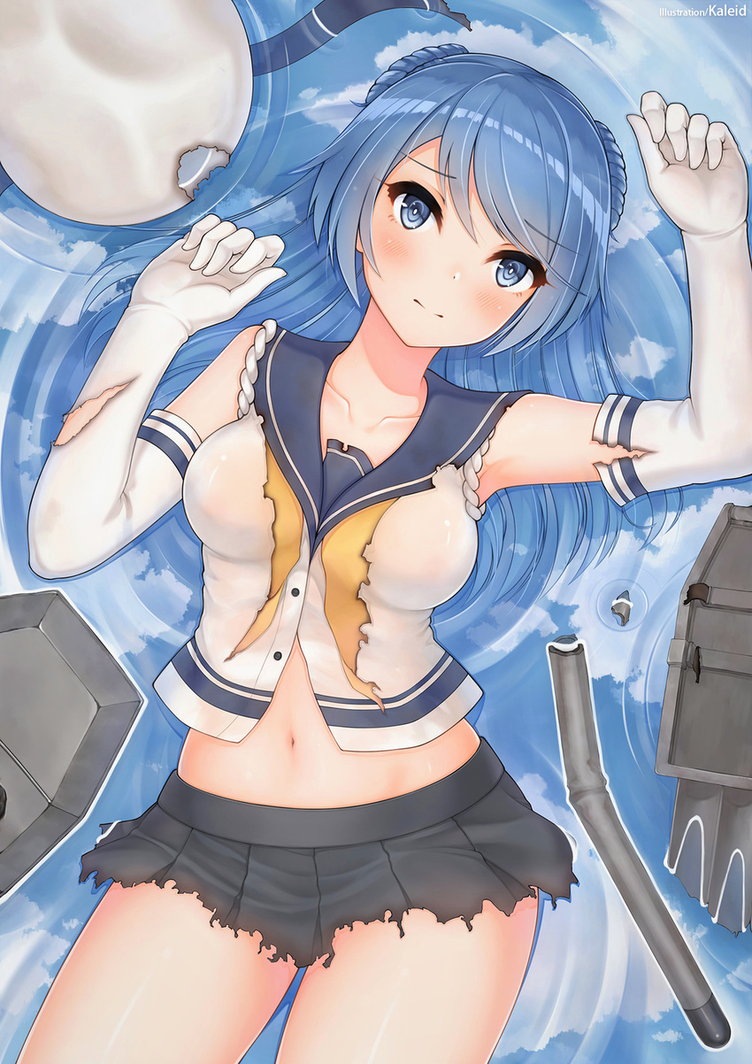 afloat armpits battle_damage blue_eyes blue_hair blush breasts cloud collarbone commentary_request day double_bun elbow_gloves female gloves hair_bun hat highres kaleid kantai_collection long_hair looking_at_viewer lying medium_breasts midriff navel neckerchief on_back pleated_skirt rigging sailor_hat school_uniform serafuku skirt sleeves_rolled_up solo torn_clothes torn_neckerchief torn_skirt unworn_hat unworn_headwear urakaze_(kancolle) water yellow_neckerchief