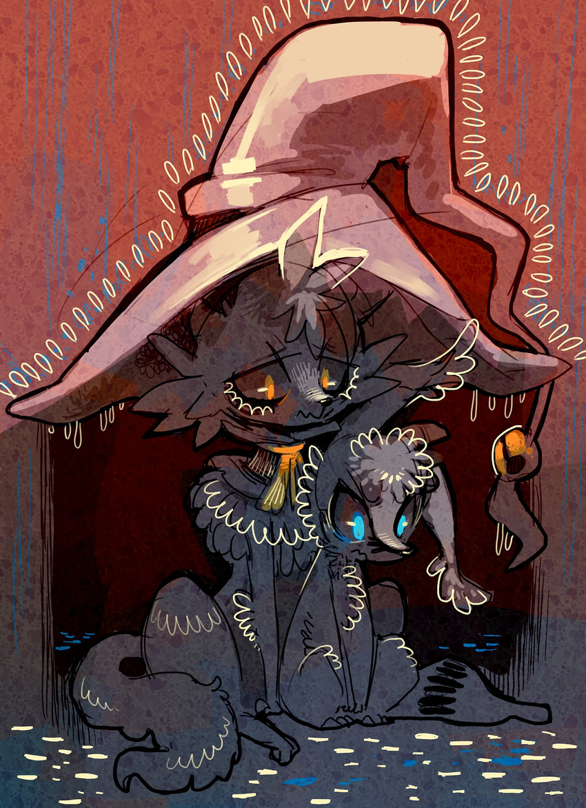 alice_(floraverse) ambiguous_gender avoid_posting canid canine close_(disambiguation) clothing domestic_cat duo felid feline felis feral floraverse fox hat headgear headwear hi_res mammal purplekecleon sad together_(disambiguation) witch_hat