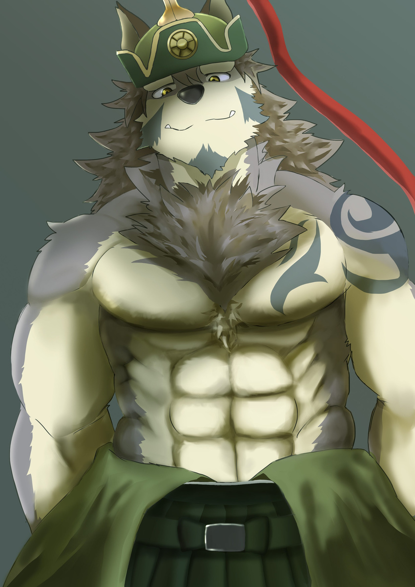 2017 abs absurd_res anthro biceps canid canine canis clothing fur hi_res kemokemo0924 kemono lifewonders male mammal mongolian mongolian_clothing multicolored_body muscular muscular_anthro muscular_male pecs solo tattoo temujin_(tas) tokyo_afterschool_summoners white_body white_fur wolf