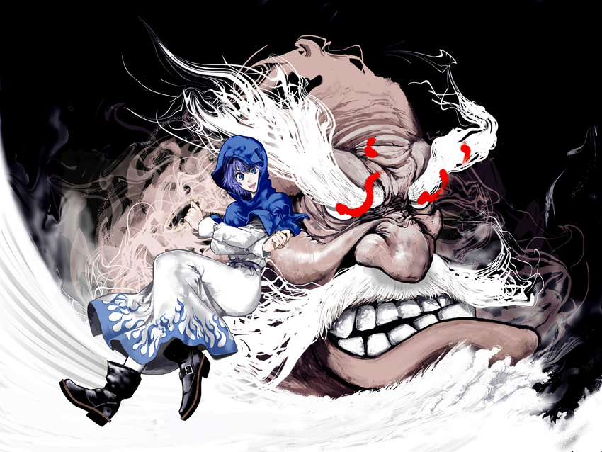 1boy blue_eyes blue_hair boots commentary_request female flaming_eyes highres hood kumoi_ichirin photoshop_(medium) short_hair touhou umami_(sakeikura) unzan