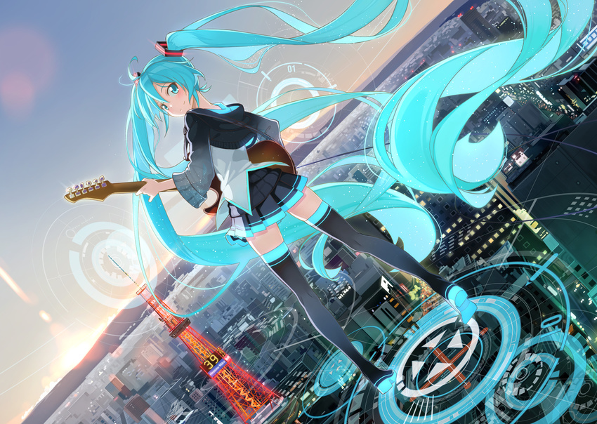 39 aqua_eyes aqua_hair beek black_thighhighs boots character_name city commentary_request dutch_angle electric_guitar female from_behind guitar hatsune_miku highres instrument long_hair looking_back photoshop_(medium) sapporo_tv_tower skirt solo thigh_boots thighhighs twintails very_long_hair vocaloid