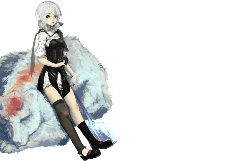 1ji45fun animal bear gray_eyes gray_hair horns original socks stockings