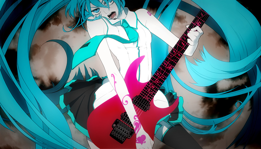 bad_id bad_pixiv_id blue_eyes blue_hair female guitar hatsune_miku instrument long_hair necktie solo tattoo vocaloid yuanmaru