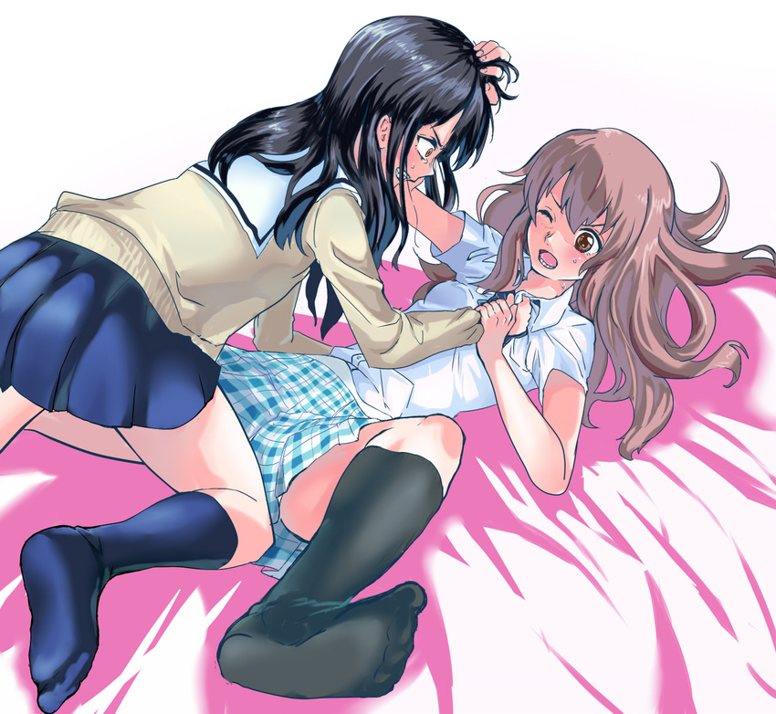 2girls ababarion arm_grab arm_support bed black_hair brown_cardigan brown_eyes brown_hair cardigan catfight clenched_teeth clothes_pull commentary_request crazy_eyes duel fighting head_grab koe_no_katachi long_hair lying multiple_girls nishimiya_shouko on_back one_eye_closed plaid plaid_skirt school_uniform shirt_pull skirt socks tears teeth ueno_naoka wide-eyed wince