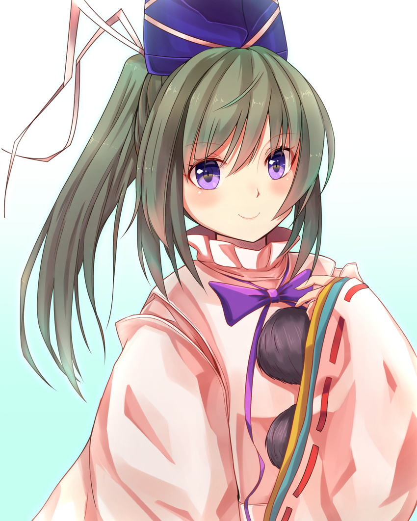 bad_id bad_pixiv_id blush bow bowtie closed_mouth commentary_request female grey_hair hat highres japanese_clothes kariginu long_hair long_sleeves looking_at_viewer mononobe_no_futo nekomiyanono pom_pom_(clothes) ponytail purple_bow purple_bowtie purple_eyes ribbon-trimmed_sleeves ribbon_trim smile solo tate_eboshi touhou upper_body wide_sleeves