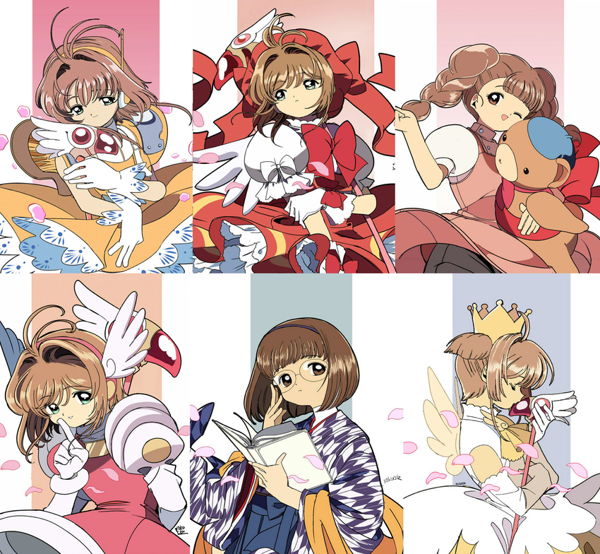 3girls ;d adjusting_eyewear book bow braid brown_eyes brown_hair cardcaptor_sakura clamp_(circle)_(style) closed_eyes commentary_request crown dress edoya_inuhachi finger_to_mouth fuuin_no_tsue glasses gloves green_eyes hairband hakama hakama_skirt hat headset highres japanese_clothes kinomoto_sakura kinomoto_sakura_(magic_dream_costume) kinomoto_sakura_(pink_feather_costume) kinomoto_sakura_(winged_egg_crown_costume) kinomoto_sakura_(yellow_umbrella_costume) magical_girl meiji_schoolgirl_uniform mihara_chiharu multiple_girls one_eye_closed open_book open_mouth petals puffy_short_sleeves puffy_sleeves short_sleeves skirt smile staff stuffed_animal stuffed_toy teddy_bear twin_braids white_gloves wings yagasuri yanagisawa_naoko