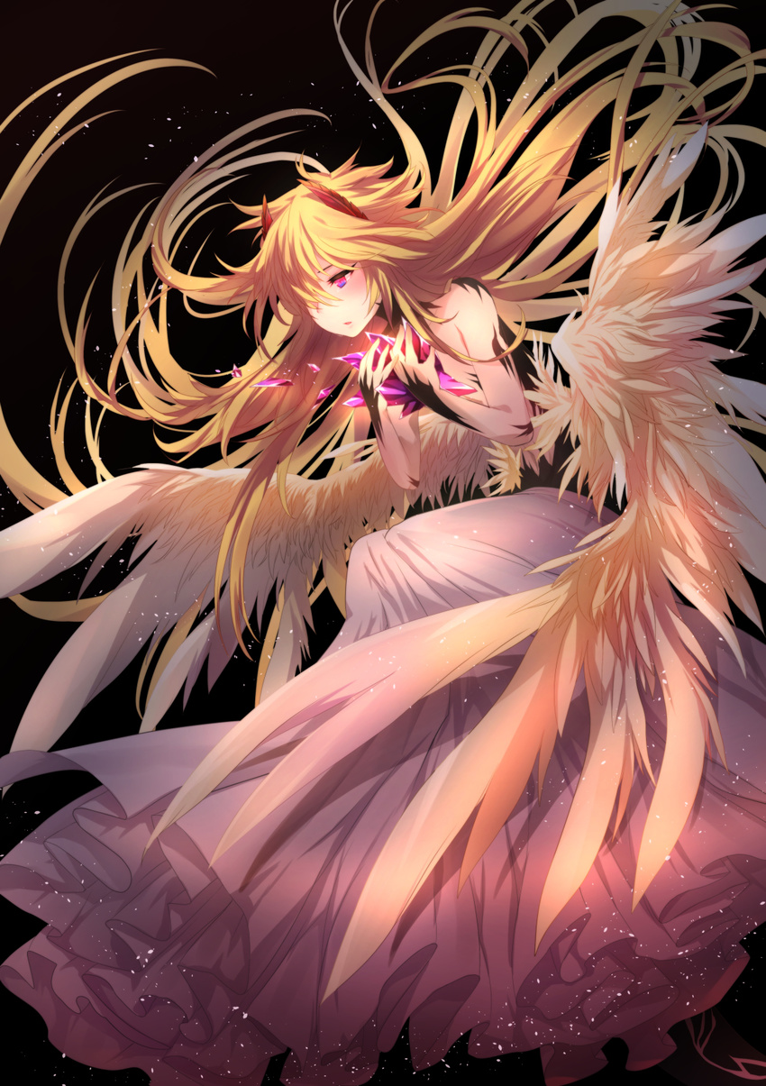 ayatake_noboru blonde_hair crystals dress female frills horns long_hair original pink_eyes solo wings