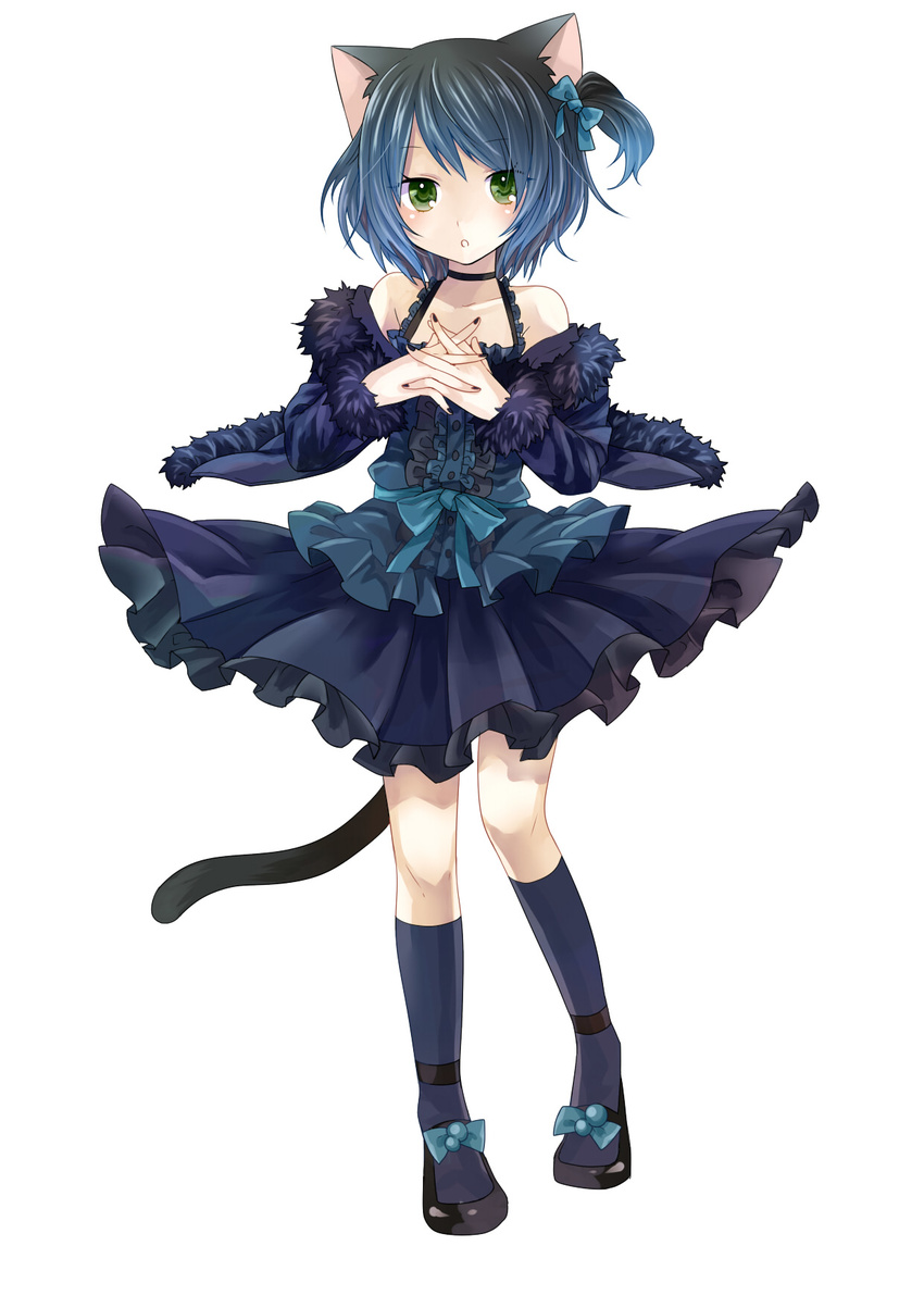 1boy animal_ears black_choker black_footwear black_socks blue_bow blush bow cat_ears cat_tail choker collarbone commentary_request crossdressing dress fingernails full_body fur-trimmed_sleeves fur_trim green_eyes hairbow highres long_sleeves looking_at_viewer male_focus medium_hair off-shoulder_dress off_shoulder open_mouth otoko_no_ko own_hands_together pigeon-toed ryoune_yami shoes socks solo standing tail toudou_charo utau