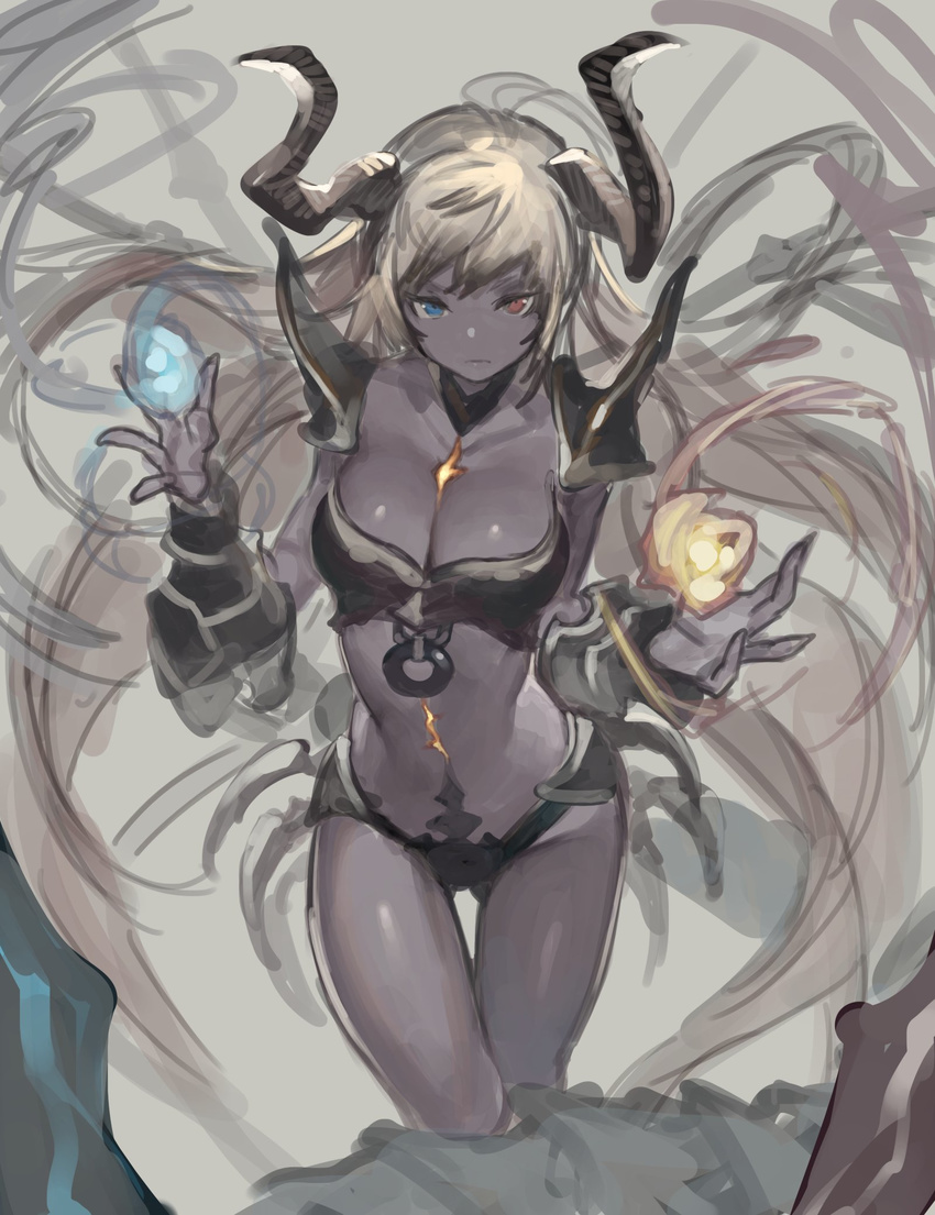 armor azuki_(azuki-taste) bikini blonde_hair colored_skin commentary female flame_=_glass granblue_fantasy grey_skin heterochromia highres horns long_hair pauldrons shoulder_armor solo swimsuit thigh_gap