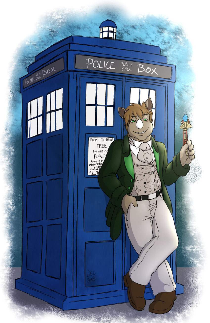 absurd_res adharc anthro belt biped bottomwear british_broadcasting_corporation classy clothed clothing coat cosplay cravat delicatessen digital_media_(artwork) doctor_who eighth_doctor english_text footwear fully_clothed green_eyes hi_res horn looking_at_viewer male mammal pants pose rhinoceros shoes smile solo sonic_screwdriver suit tardis text the_doctor_(doctor_who) thorsoneyja topwear vest