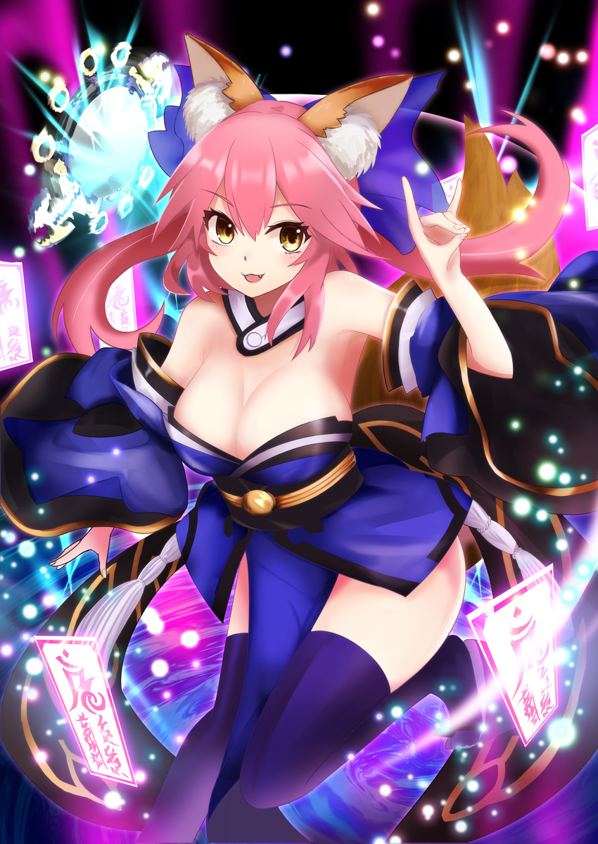 absurdres animal_ears bare_shoulders blue_thighhighs blush bow breasts cleavage commentary_request detached_sleeves fate/extra fate/extra_ccc fate_(series) female fox_ears fox_shadow_puppet fox_tail hair_ribbon hairbow highres japanese_clothes large_breasts looking_at_viewer mirror moni_(credo) oerba_yun_fang open_mouth pink_hair ribbon solo suiten_nikkou_amaterasu_yanoshisu_ishi tail tamamo_(fate) tamamo_no_mae_(fate/extra) thighhighs yellow_eyes