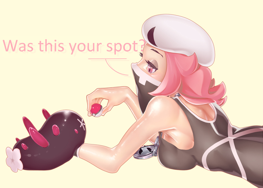 bandana_over_mouth beret chain_necklace english eyeshadow female glo-s-s hat holding holding_poke_ball lying makeup on_stomach pink_hair poke_ball pokemon pokemon_(game) pokemon_sm pyukumuku simple_background sleeveless team_skull team_skull_grunt