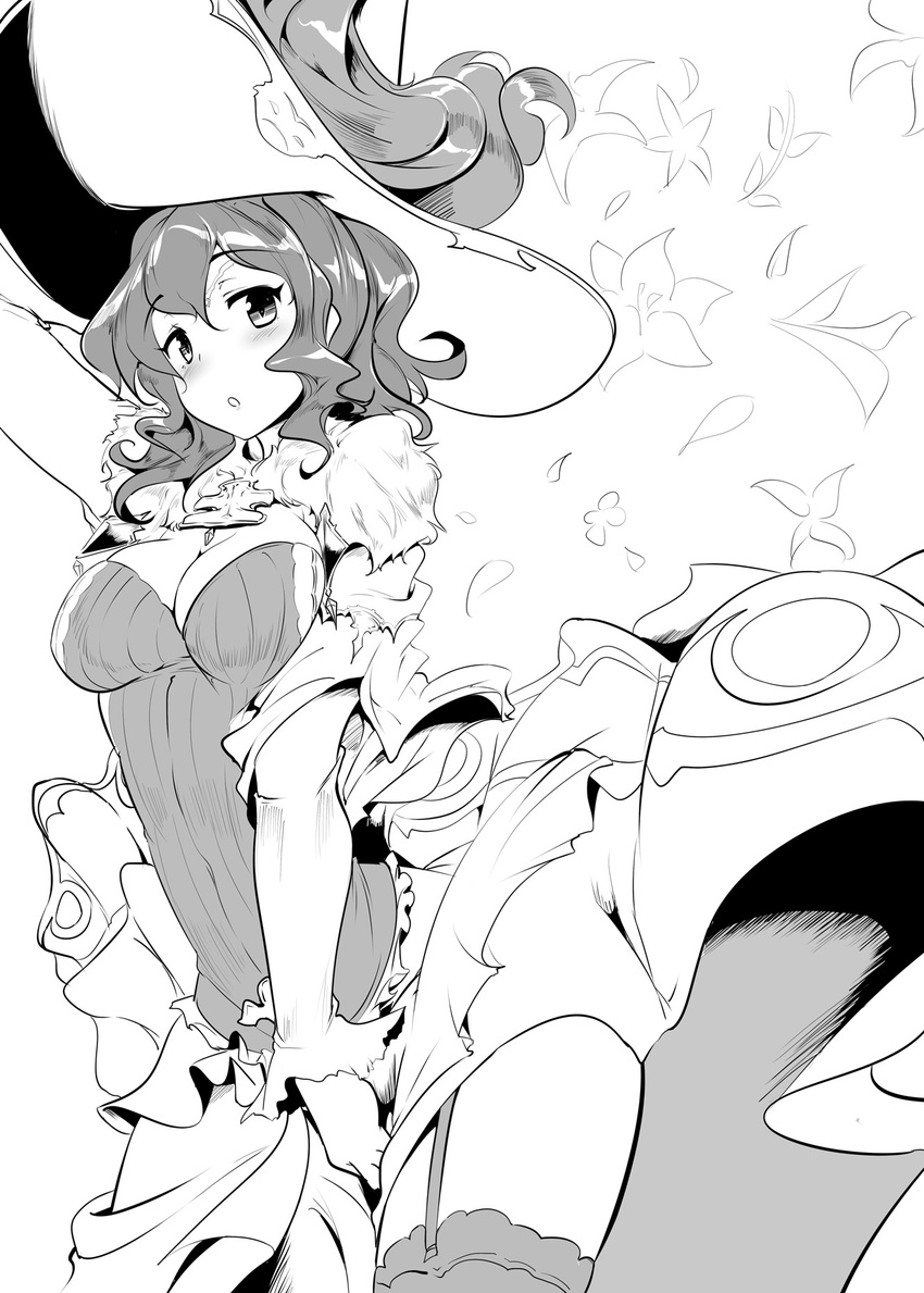 :o blush breasts circlet cleavage commentary_request diamond_(shape) dress dress_tug eyebrows female flower garter_straps granblue_fantasy greyscale hair_between_eyes hat highres lennah long_sleeves medium_breasts momio monochrome open_mouth short_hair simple_background solo thighhighs white_background wind wind_lift wizard_hat zettai_ryouiki